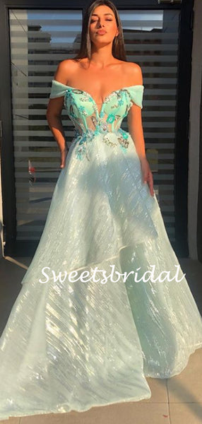 Simple Off-shoulder Tulle A-line Long Prom Dresses.SW1148