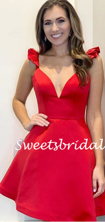 Simple V-neck Satin Mini Short Homecoming Dresses, BTW299