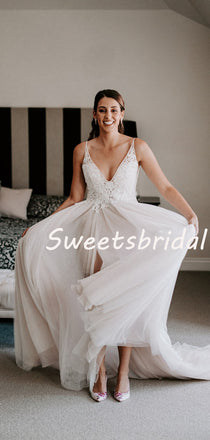 Pretty Sexy V-neck Lace Tulle Open Back A-line With Train Long Wedding Dresses Evening Dresses, WD1124