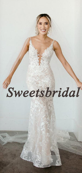 Pretty V-neck Mermaid Lace Tulle Spaghetti Strap Sleeveless Long Wedding Dresses Evening Dresses, WD1132