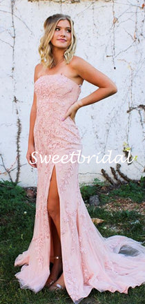 Simple Straight Side Slit Tulle Lace Evening Party Prom Dresses,SW1138