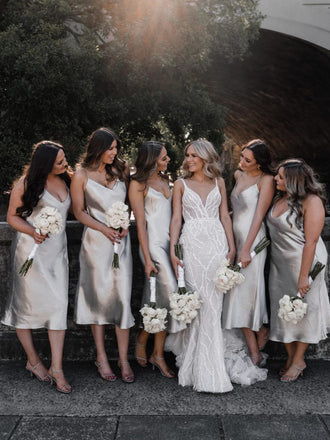 Simple V-neck Knee Length Cheap Long Bridesmaid Dresses, SW1033