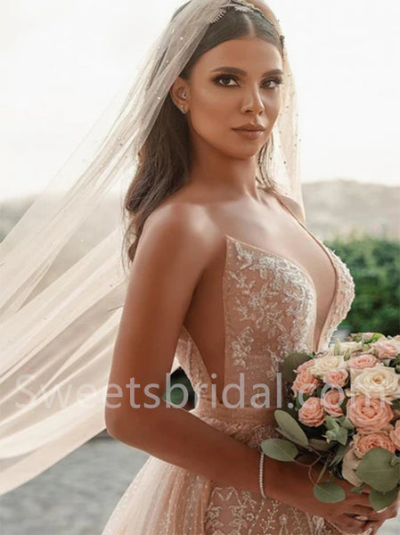 Elegant V-neck  Sleeveless A-line tulle Wedding Dresses,DB0275