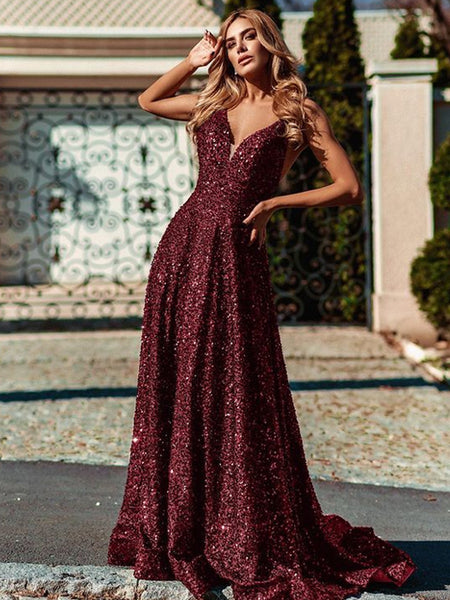 Elegant V-neck A-line Sequin Long Prom Dresses Online.SWE1265