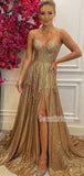 Sparkly Spaghetti Straps A-line Gold Side Slit Long Prom Dresses Online.SW1276