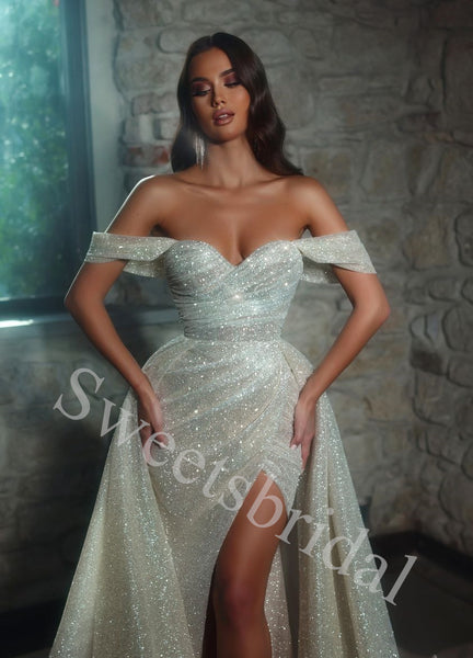 Elegant V-neck Off shoulder Side slit Sheath Long Prom Dress,SW1954