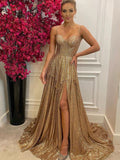 Sparkly Spaghetti Straps A-line Gold Side Slit Long Prom Dresses Online.SW1276