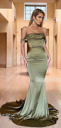 Elegant Off-shoulder Mermaid Soft Satin Long Prom Dresses Online.SW1277