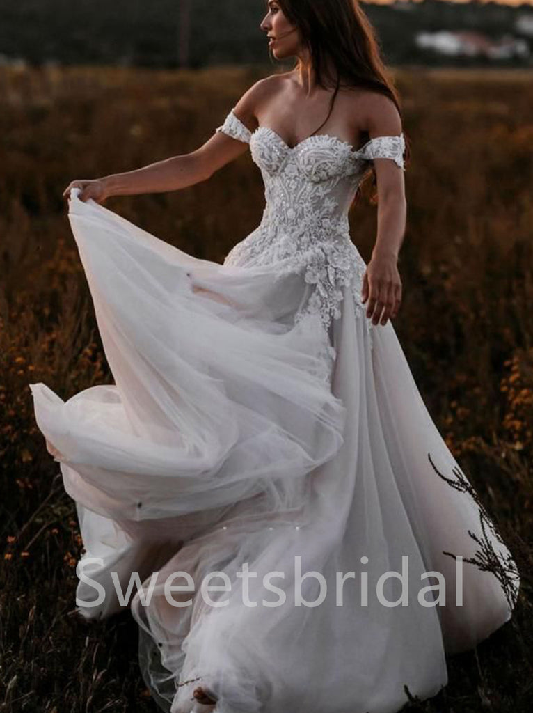 Elegant Sweetheart Off shoulder A-line Lace applique Wedding Dresses,DB0317