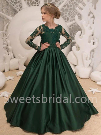 Beautiful Long sleeves Soft satin A Line Flower Girl Dresses, FGS0040