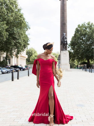 Off-shoulder Sweetheart Side slit Floor-length Elegant Simple Long Bridesmaid Dressess, SWE1348