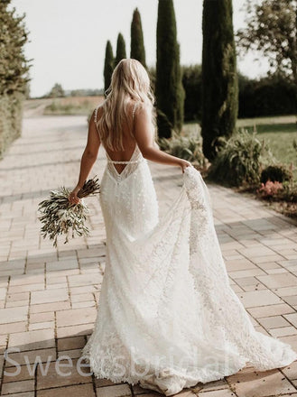 Simple V-neck Sleeveless Mermaid Lace applique Wedding Dresses, DB0219