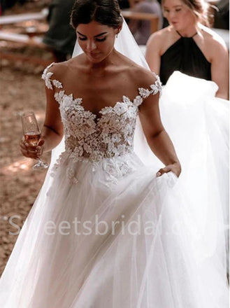 Elegant V-neck Off shoulder  A-line lace applique Wedding Dresses,DB0277