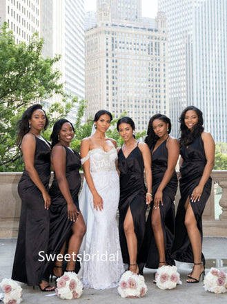 Spaghetti straps V-neck Side slit Floor-length Elegant Simple Long Bridesmaid Dressess, SWE1349