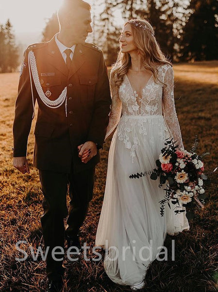 Simple V-neck Long sleeves A-Line Lace applique Wedding Dresses,DB0189