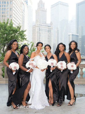 Spaghetti straps V-neck Side slit Floor-length Elegant Simple Long Bridesmaid Dressess, SWE1349