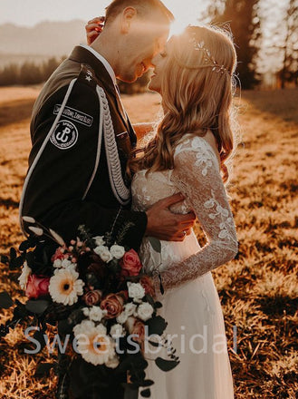 Simple V-neck Long sleeves A-Line Lace applique Wedding Dresses,DB0189