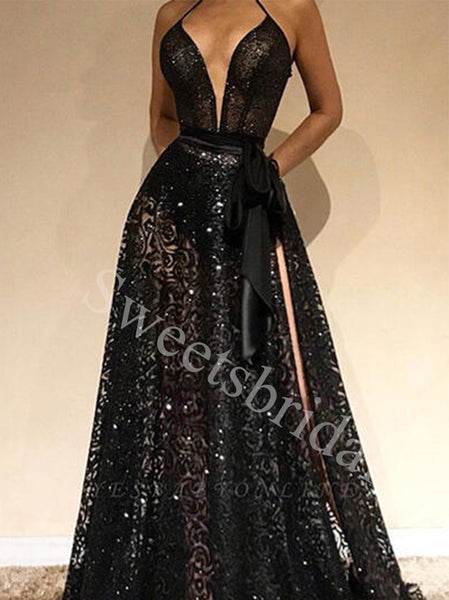 Black Elegant Halter Sleeveless Side slit A-line Prom Dresses,SWW1747