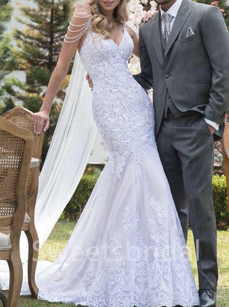 Sexy Spaghetti strapsV-neck Mermaid Lace applique Wedding Dresses,DB0323
