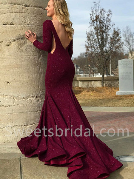 Elegant Long sleeves Open back Mermaid Prom Dresses, SW1512