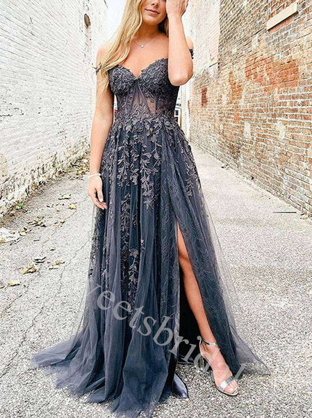 Elegant Off shoulder Side slit A-line Prom Dresses,SW1889