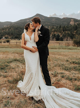 Simple V-neck Mermaid Lace applique Wedding Dresses,DB0191