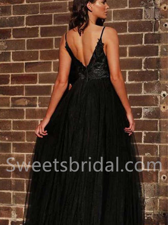 Sexy V-neck Sleeveless Spaghetti straps Side slit A-line Prom Dresses, SW1517