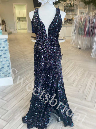 Sexy V-neck Sleeveless Side slit Sheath Long Prom Dress,SW1979