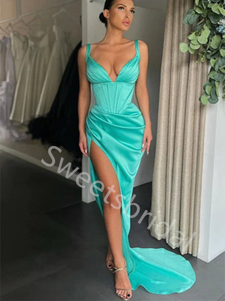 Sexy V-neck Spaghetti straps Side slit Mermaid Prom Dresses,SW1725