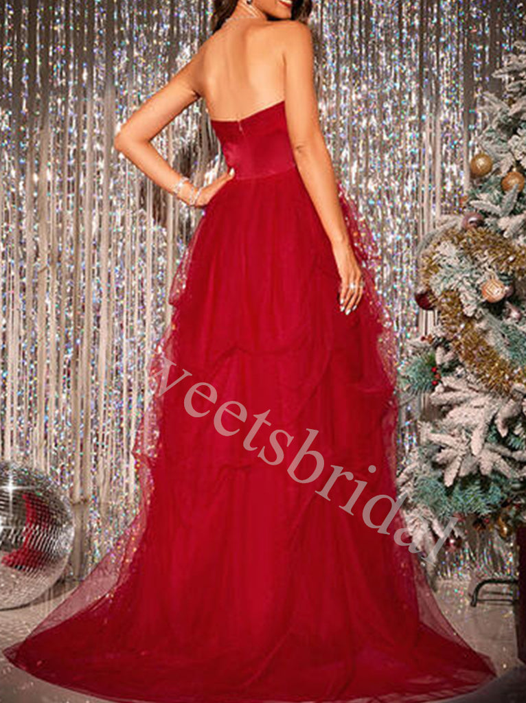 Red Elegant Strapless Sleeveless Side slit A-line Prom Dresses,SWW1746