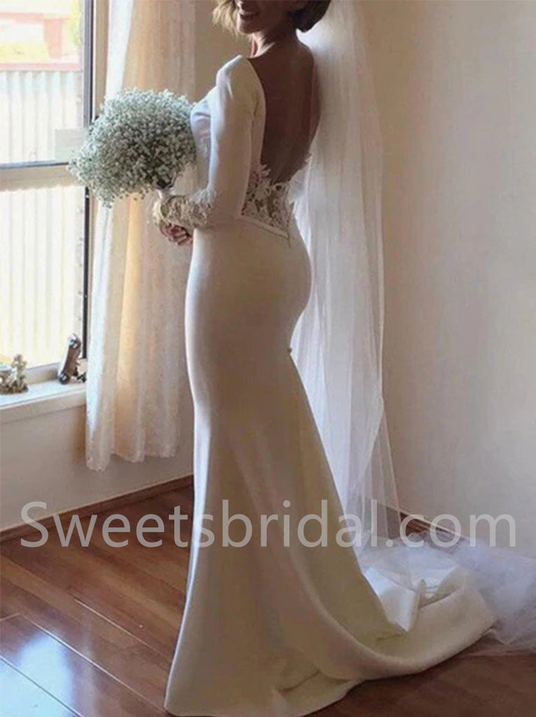 Elegant Long sleeves Side slit Mermaid Lace applique Wedding Dresses,DB0289