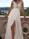 Long A-Line White Lace Prom Dress With Appliques, Side Slit Sexy Wedding Dresses, WD0124