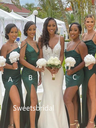 Mismatched Spaghetti straps Side slit Mermaid Elegant Simple Pretty Long Bridesmaid Dresses, SWE1336