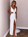 Sexy V-neck Spaghetti Strap Side Slit White Long Prom Dresses.SW1182