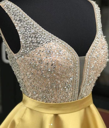 Elagant Yellow Pretty A Line Satin Beaded Short Homecoming Dresses, BTW148