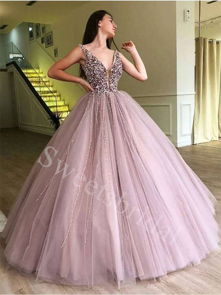 Elegant V-neck Sleeveless A-line Prom Dresses,SW1829