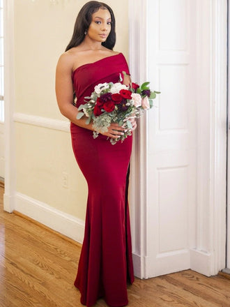 Charming One-shoulder Burgundy Mermaid Long Bridesmaid Dresses,SWE1259