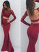 Burgundy Two Pieces Backless With Long Sleeves Mermaid Lace Sexy Prom Dress.PD0202