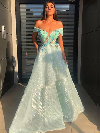 Simple Off-shoulder Tulle A-line Long Prom Dresses.SW1148