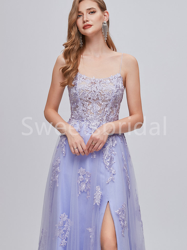 Elegant Spaghetti straps Side slit A-line Prom Dresses, SW1483