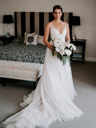 Pretty Sexy V-neck Lace Tulle Open Back A-line With Train Long Wedding Dresses Evening Dresses, WD1124