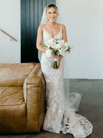 Pretty V-neck Mermaid Lace Tulle Spaghetti Strap Sleeveless Long Wedding Dresses Evening Dresses, WD1132