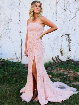 Simple Straight Side Slit Tulle Lace Evening Party Prom Dresses,SW1138