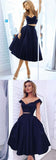 Simple Two Pieces Off Shoulder A Line Navy Blue Short Homecoming Dress, BTW151