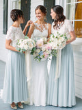 Charming Short Sleeve Lace Chiffom Party Dresses Long Bridesmaid Dresses, SW1118