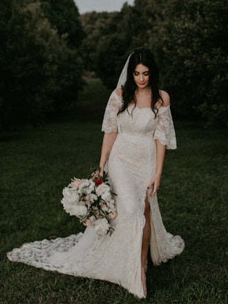 Vintage Mermaid Lace Sequin Side Slit 1/2 Sleeves Long Wedding Dresses Evening Dresses,WD1145