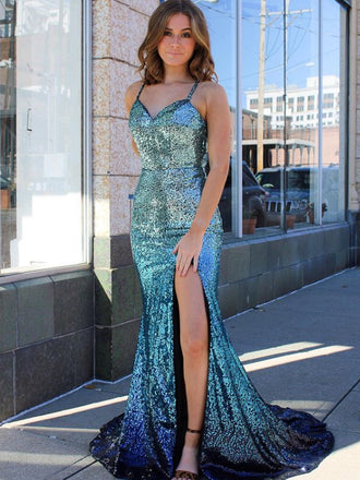 Sexy Spaghetti Strap V-neck Simple Mermaid Long Prom Dresses.SW1172