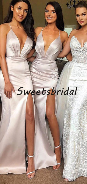 Cheap V Neck Spaghetti Strap Side Slit Soft Satin Long Bridesmaid Dresses,SW1031