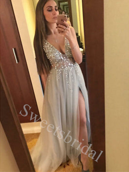 Sexy V-neck Side slit A-line Prom Dresses,SW1839