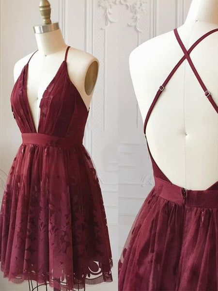 Elagant Deep V Neck Criss-Cross Lace A Line Short Homecoming Dresses, BTW207